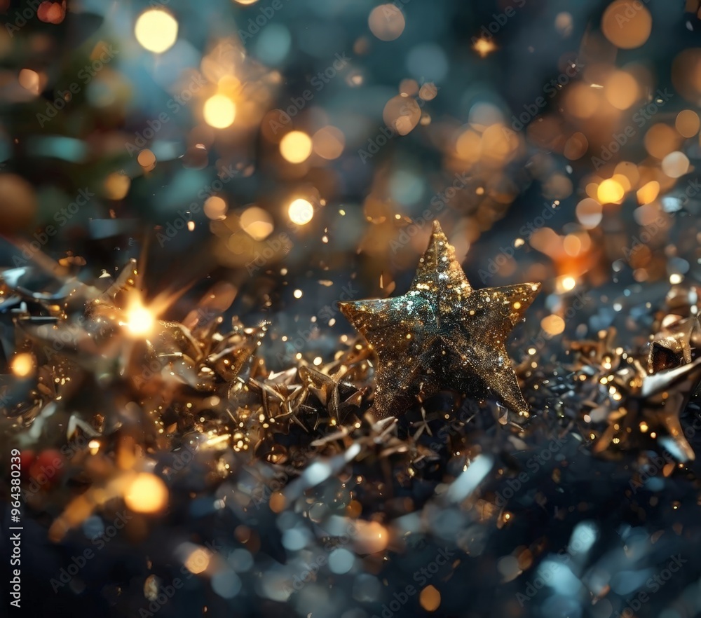 Poster a close-up view of a glittering star surrounded by a sea of twinkling lights, creating a festive and