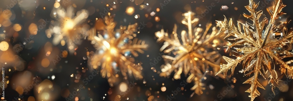 Poster close-up view of golden snowflakes against a dark background, with a bokeh effect adding a sense of 