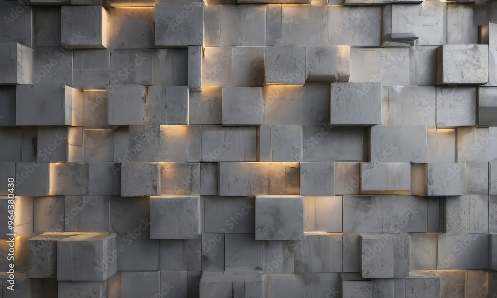 Poster a a wall composed of numerous gray cubes, each illuminated by a warm yellow light, creating a visual