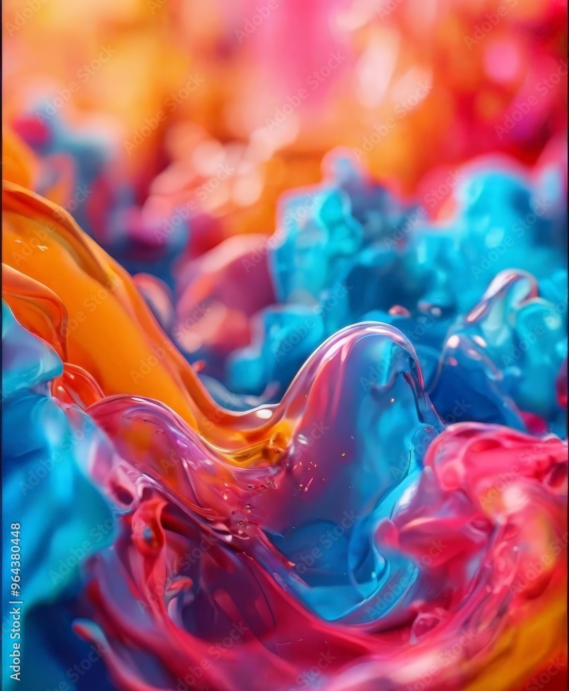 Poster a close-up of a vibrant abstract composition featuring a swirling pattern of blue, orange, and pink 