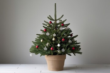 Elegantly Adorned Pine Tree in Natural Burlap Pot on Simple Background