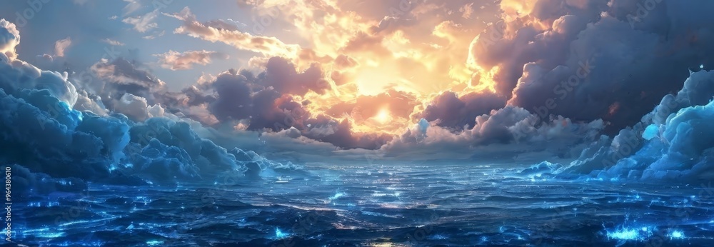 Wall mural a dramatic sky filled with vibrant clouds and a radiant sun, casting a warm glow over the deep blue ocean below.