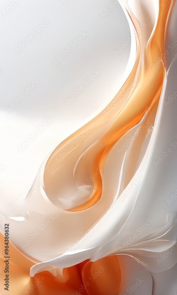 Poster dynamic abstract composition of flowing, curving lines in shades of orange and white, creating a sen