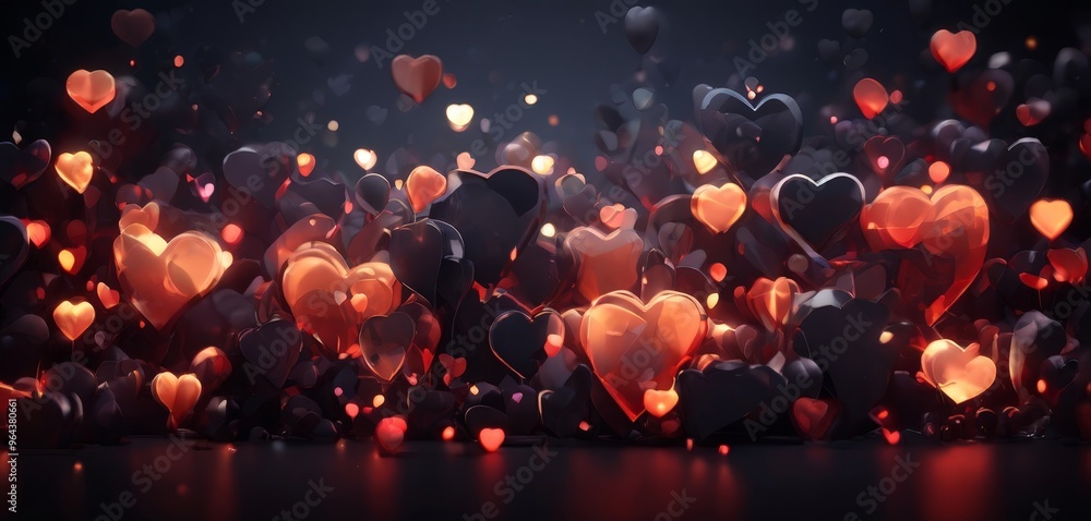 Poster a digital illustration of a dark background with numerous glowing orange and red heart-shaped object