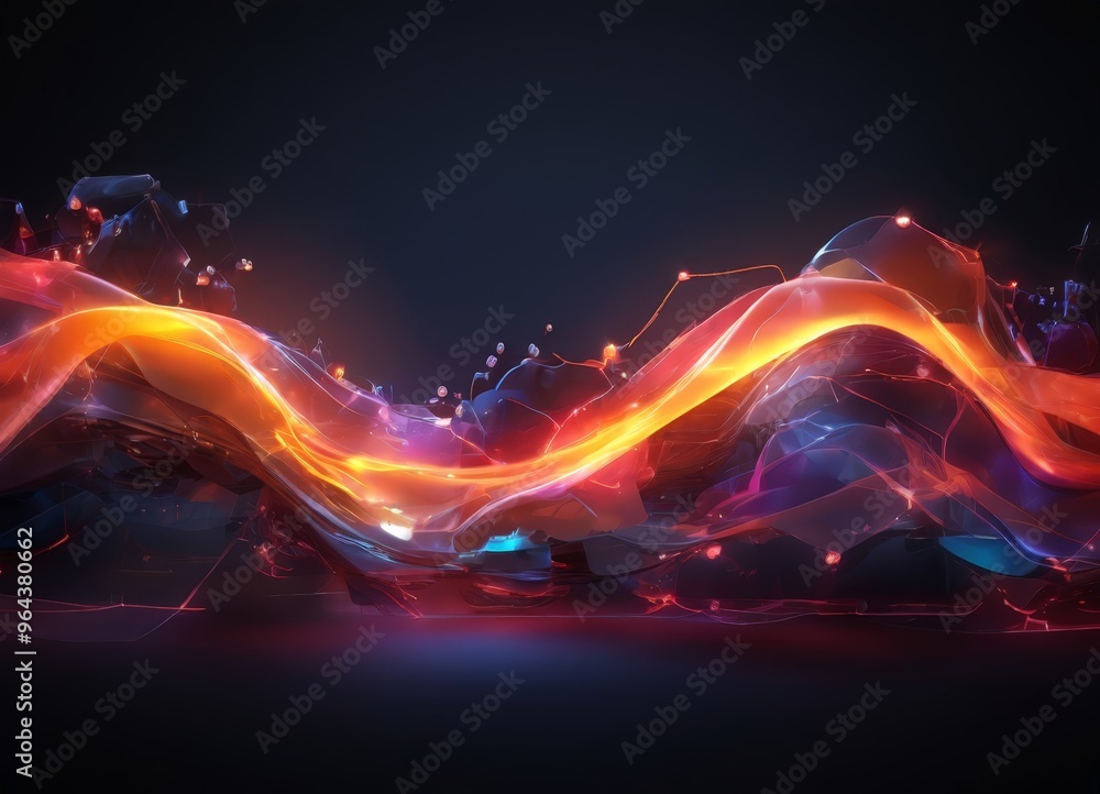 Poster dynamic, abstract representation of a wave-like pattern composed of glowing, fiery orange and red li