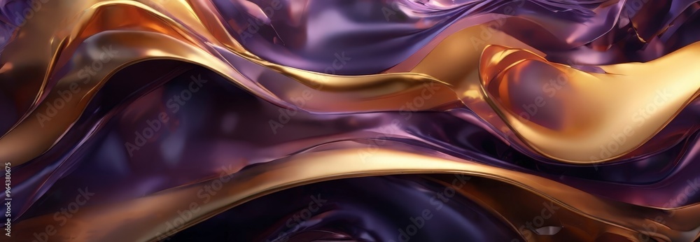 Poster dynamic abstract composition of gold and purple hues, with a wave-like pattern and a sense of moveme