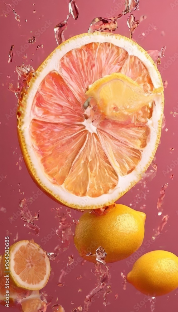 Poster a vibrant image of a sliced grapefruit with water droplets and additional lemon slices against a pin