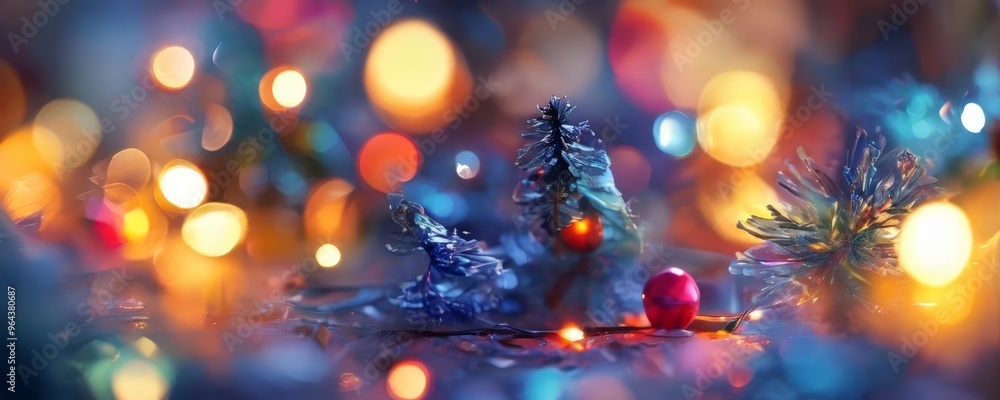 Poster a close-up view of christmas tree ornaments and lights, with a blurred background of colorful bokeh 