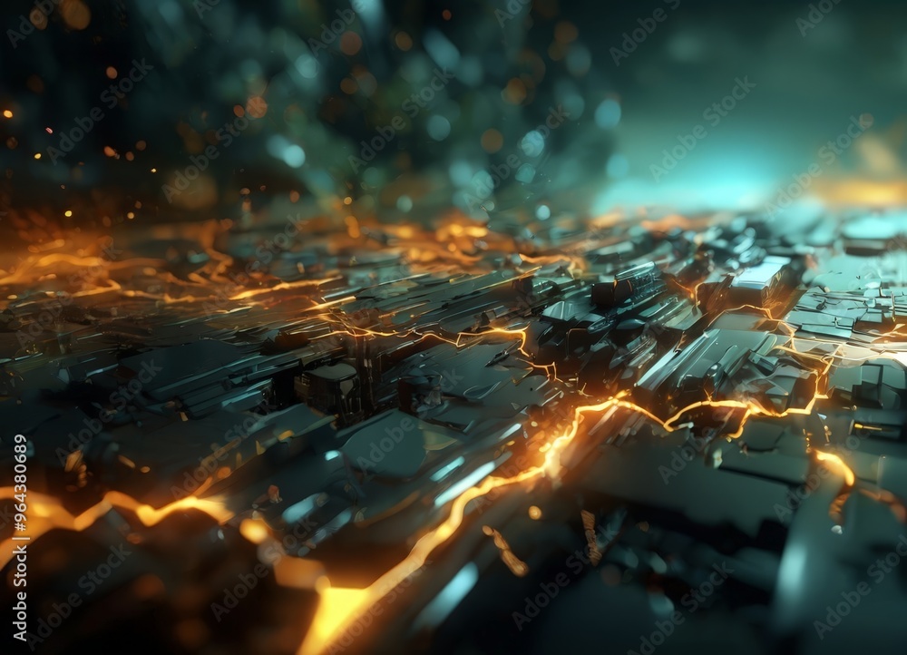 Poster a futuristic cityscape with a complex network of metallic structures, glowing with a mix of orange a