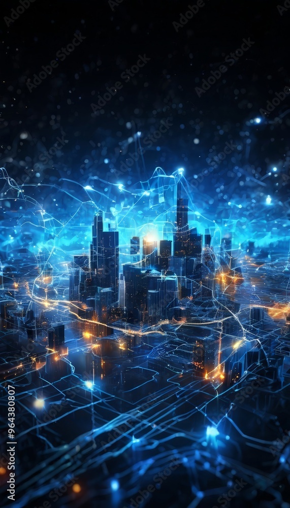 Poster futuristic cityscape, with a network of glowing blue lines and lights connecting the buildings, crea
