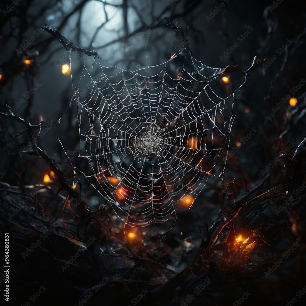 Poster a spider web glistens in the moonlight, surrounded by a dark forest and twinkling lights, creating a