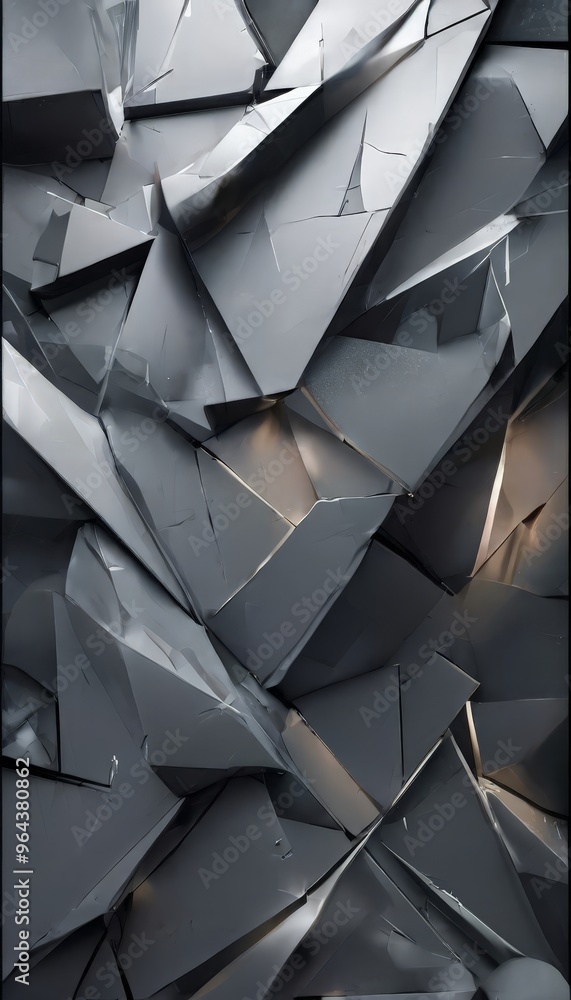 Poster a digital illustration of a cracked, metallic surface composed of numerous triangular and rectangula