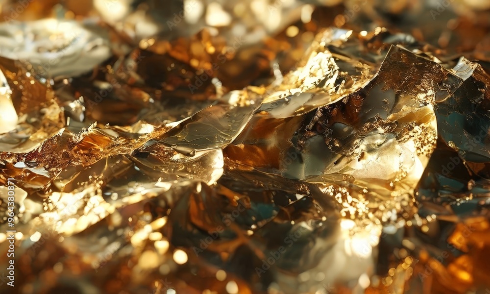 Poster a close-up view of a crumpled sheet of gold foil, with a textured and shiny surface that reflects li