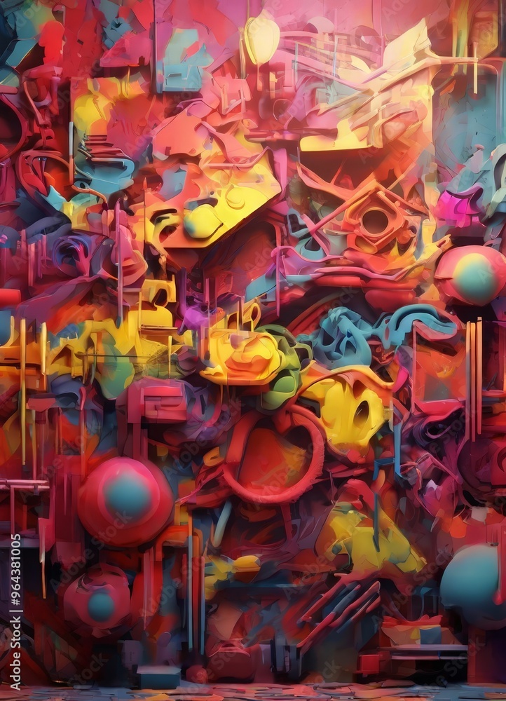 Poster a digital art piece featuring a complex arrangement of overlapping, abstract shapes and forms in a vibrant color palette.