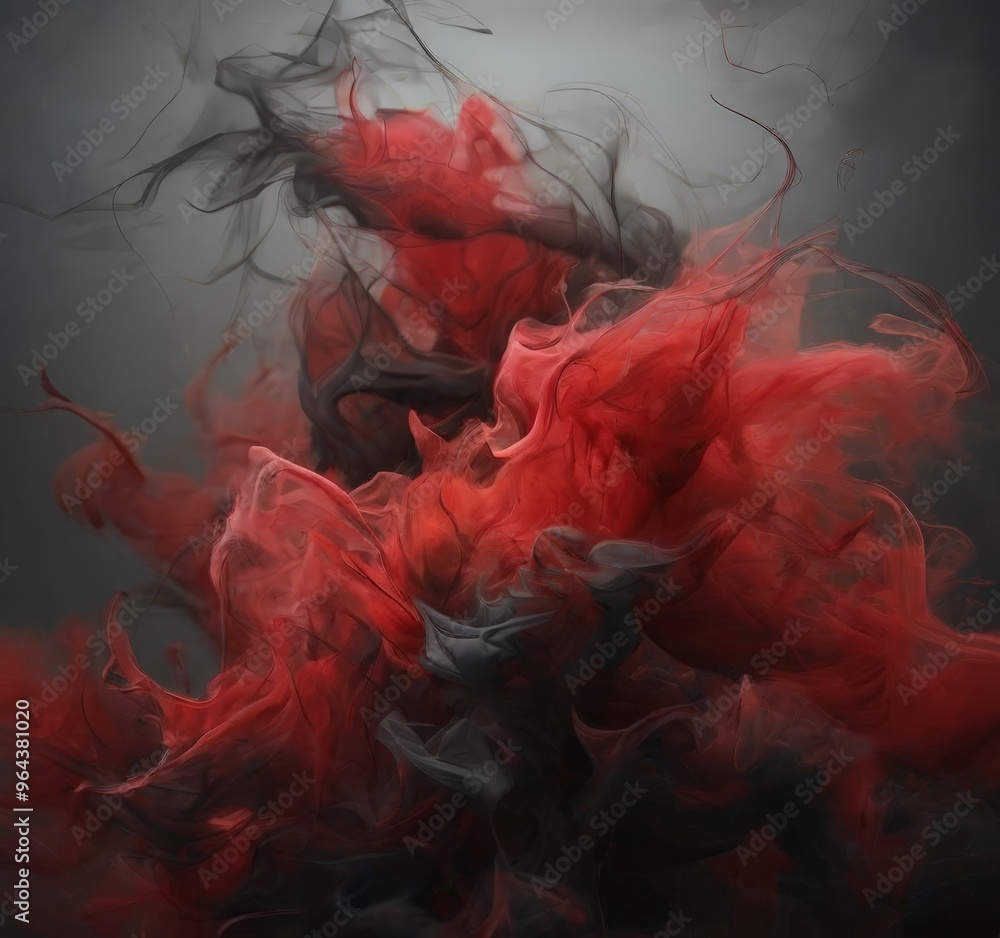 Poster a swirling, abstract pattern of red and black smoke or vapor against a dark background, creating a s