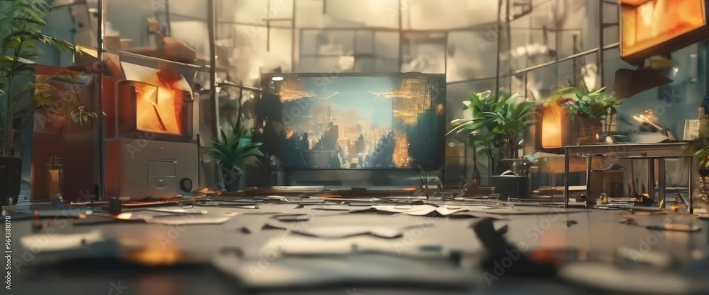 Poster a room with a large television screen displaying a cityscape, surrounded by various objects and plan