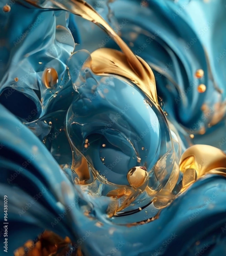 Poster close-up view of a swirling, abstract pattern of blue and gold hues, with gold spheres and lines add