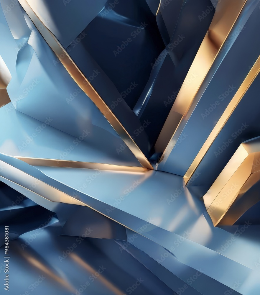 Poster complex, abstract structure composed of intersecting lines and curves in shades of blue and gold.