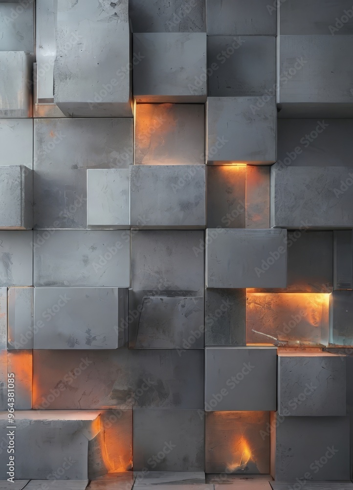 Poster a a concrete wall composed of numerous gray cubes, with some cubes illuminated by a warm orange ligh