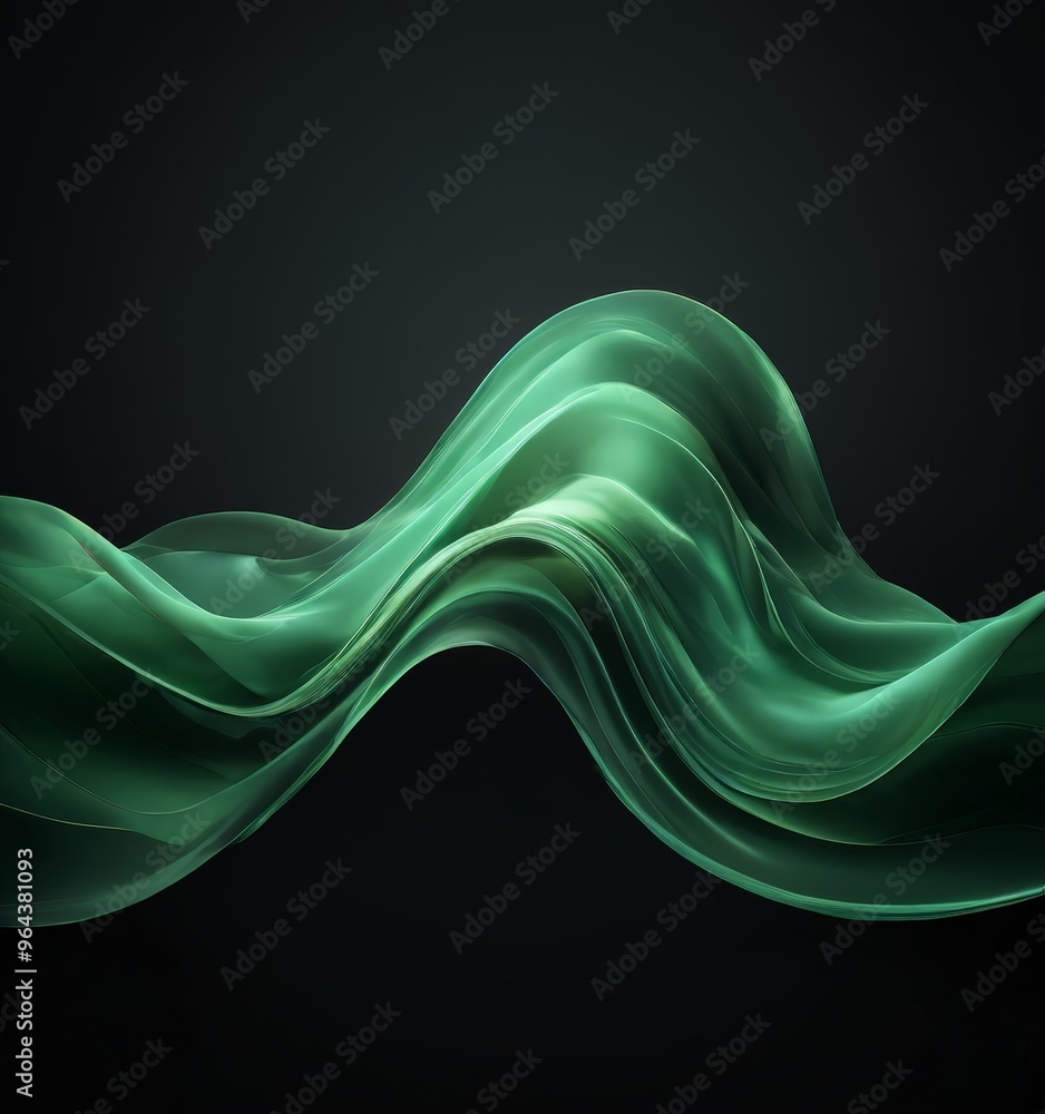 Poster wave-like pattern of green fabric or silk flowing against a dark background, creating a visually str