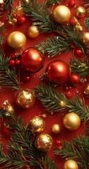 Fototapeta premium A festive arrangement of Christmas ornaments and greenery on a red background.