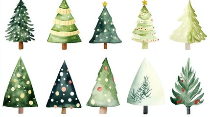 Colorful watercolor Christmas trees in various styles, perfect for holiday decorations, cards, and festive designs.