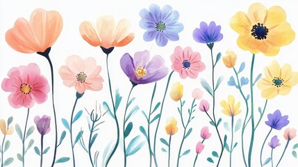 Colorful watercolor flowers creating a cheerful, vibrant garden scene perfect for spring-themed designs and illustrations.
