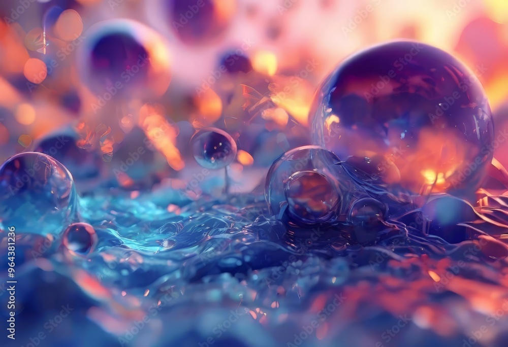Poster close-up view of a group of spherical objects, possibly bubbles or spheres, with a vibrant and color