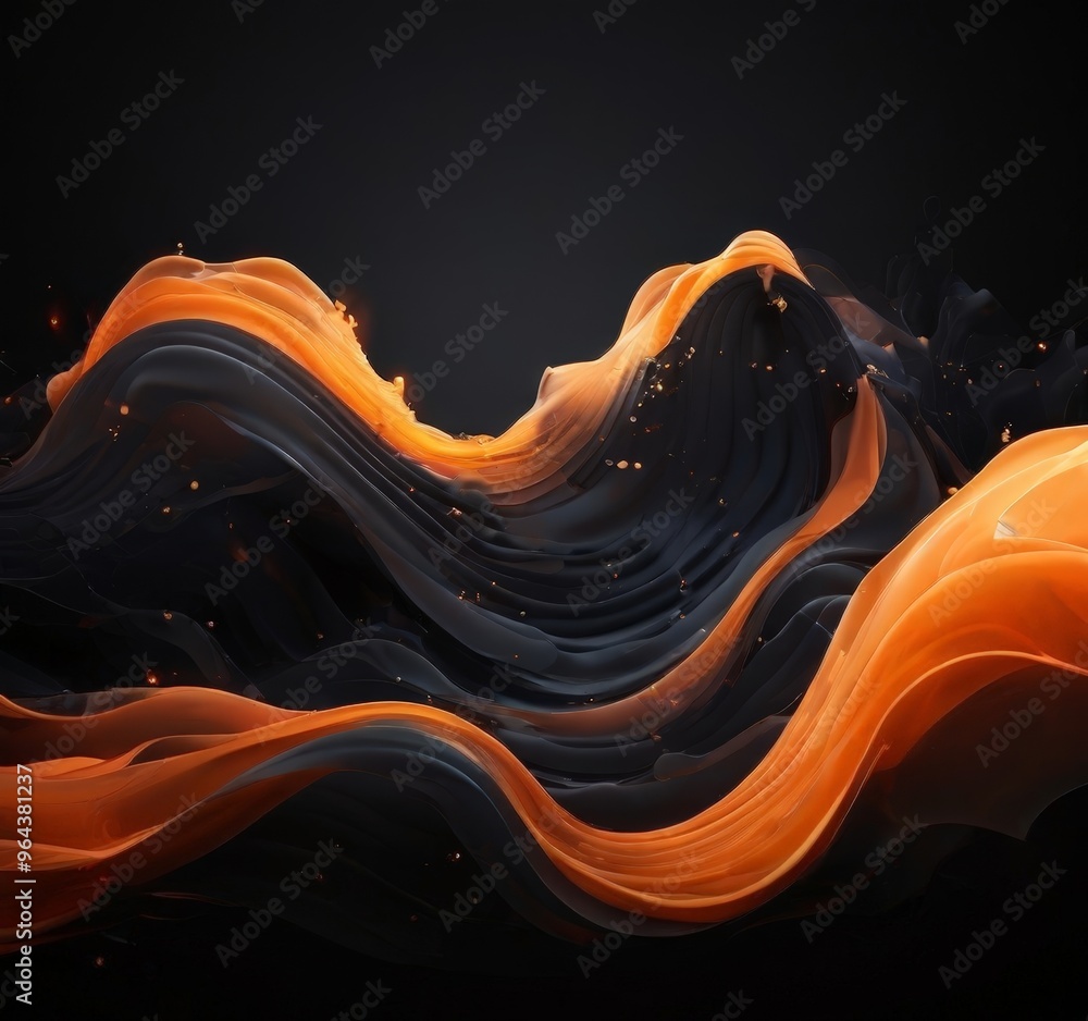 Poster dynamic abstract composition of swirling, flowing shapes in shades of orange and black, with small s