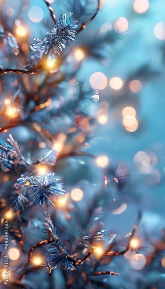 Poster a close-up view of a christmas tree adorned with twinkling lights, showcasing the intricate details 