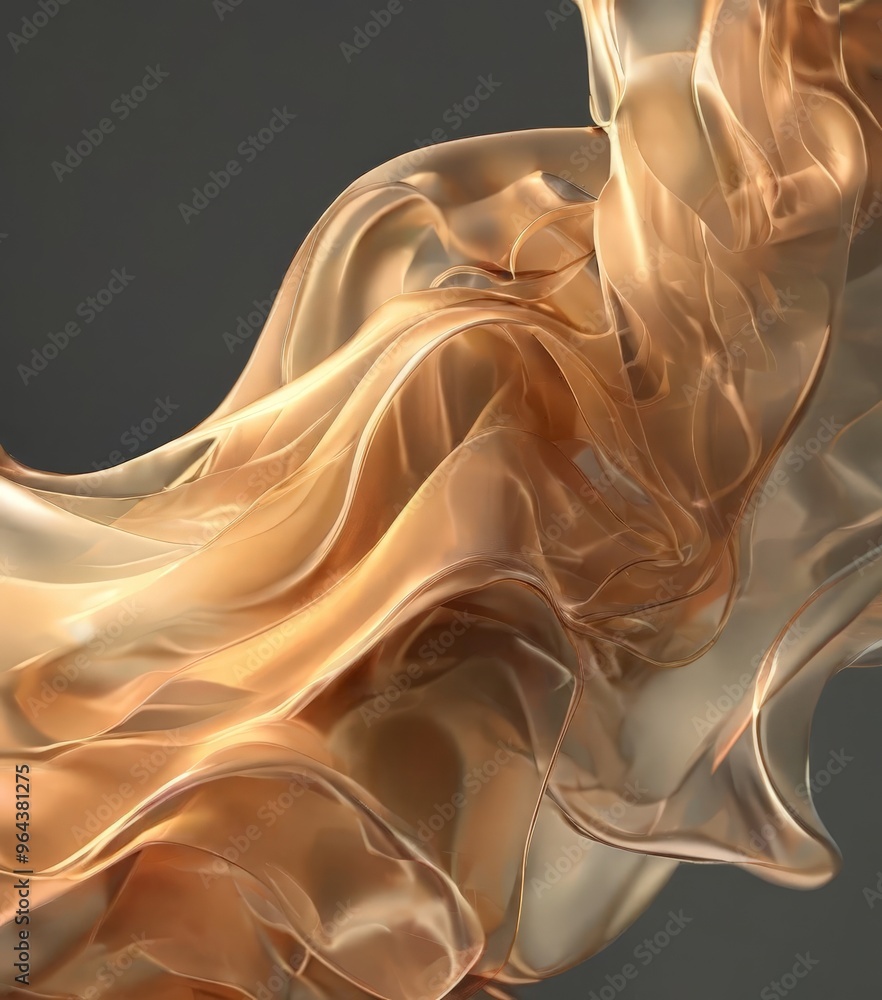 Poster dynamic, abstract representation of flowing fabric or silk, with a gradient of warm colors transitio