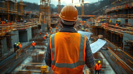 Fototapeta premium Construction Site Supervisor Reviewing Blueprints