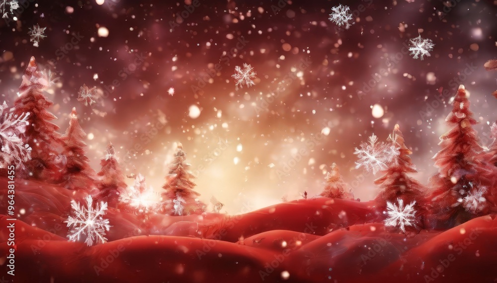 Poster a serene winter scene with a group of red-hued trees and snowflakes falling against a dark red and o