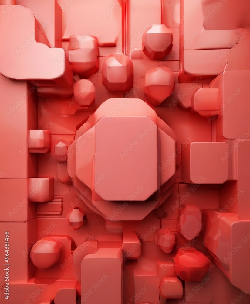 Poster geometric pattern composed of various red cubes and spheres, creating a visually striking and abstra