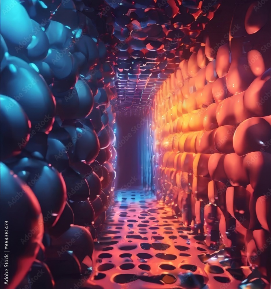 Poster a a tunnel-like structure composed of numerous spherical objects in various shades of blue, orange, 