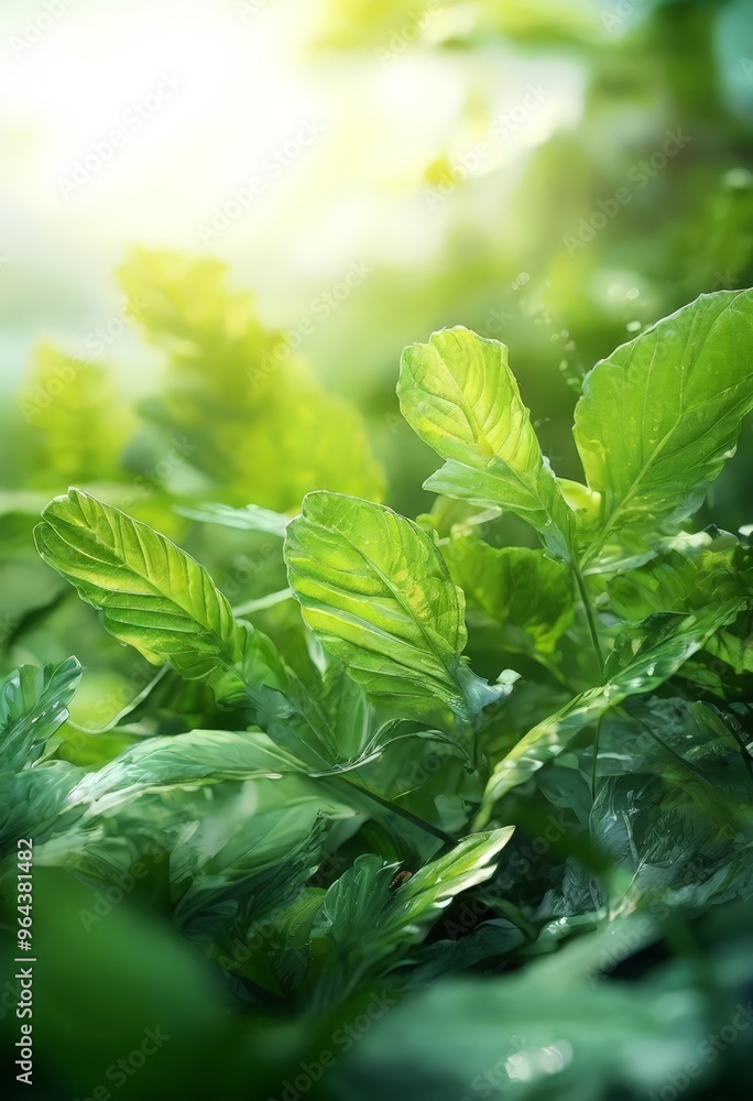 Poster a close-up view of lush green leaves with sunlight filtering through, creating a vibrant and natural