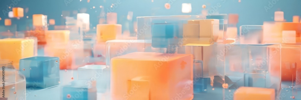 Poster a vibrant, abstract scene of overlapping cubes in various shades of orange, blue, and white, creatin