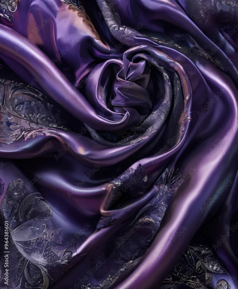 Poster a close-up view of a fabric with a deep purple color and intricate patterns, including a floral desi