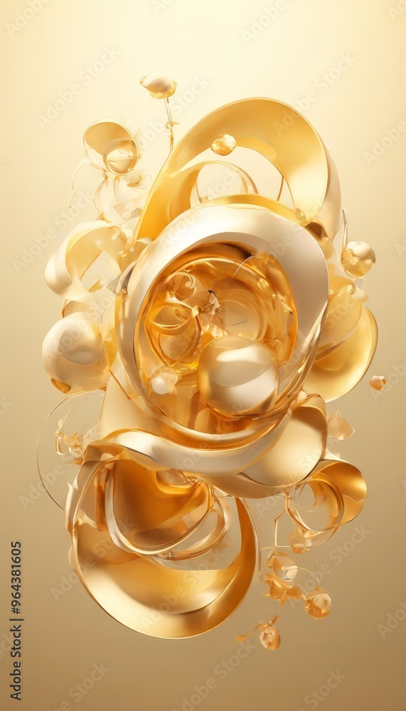 Poster complex arrangement of golden spheres and curves, creating a visually striking and abstract composit