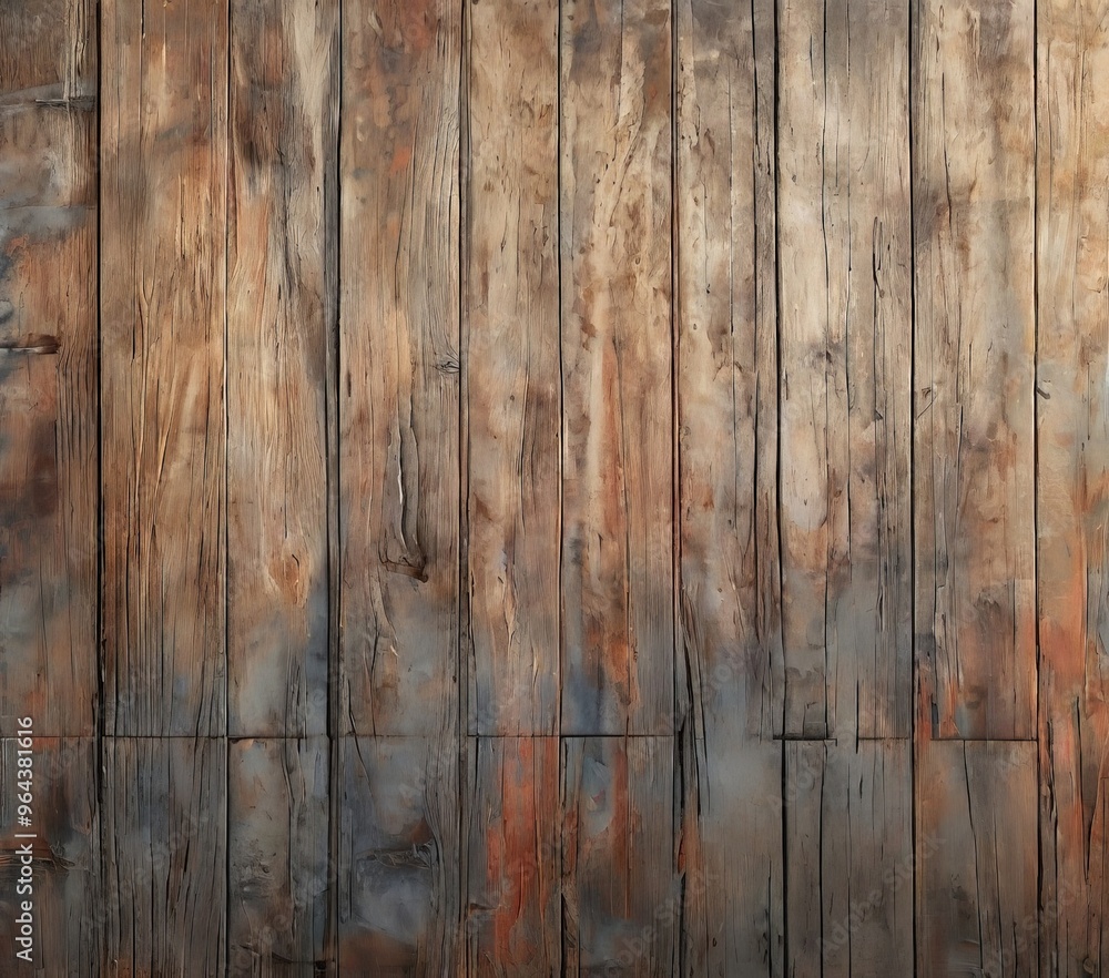 Poster a close-up view of a weathered wooden surface, with vertical planks arranged in a grid-like pattern.