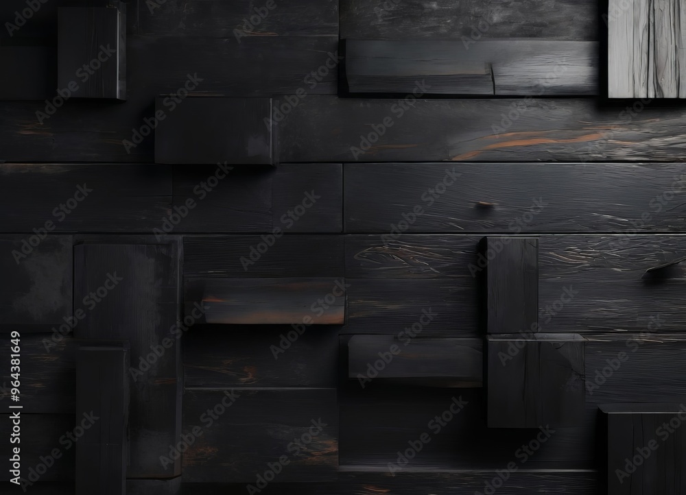 Poster a dark, textured wall composed of variously sized wooden blocks arranged in a grid-like pattern.