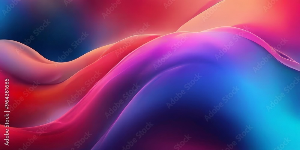 Poster vibrant abstract composition of fluid, wave-like shapes in a gradient of pink, orange, and blue, cre