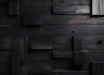 a dark, textured wall composed of variously sized wooden blocks arranged in a grid-like pattern.