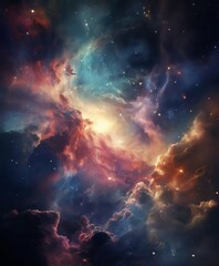 a vibrant cosmic scene with swirling clouds of color and light, resembling a nebula, set against a dark backdrop of stars and cosmic radiation.