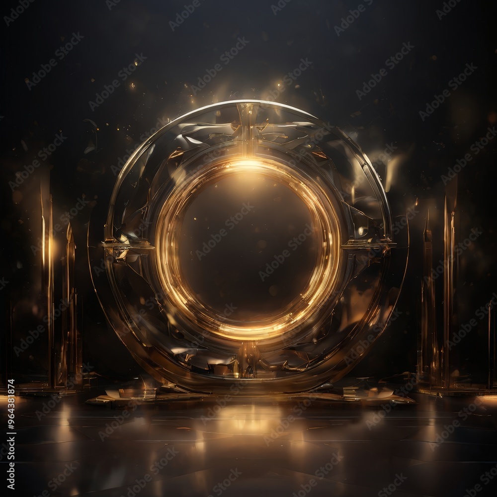 Poster a futuristic, circular structure with a golden center, surrounded by a dark background with a subtle
