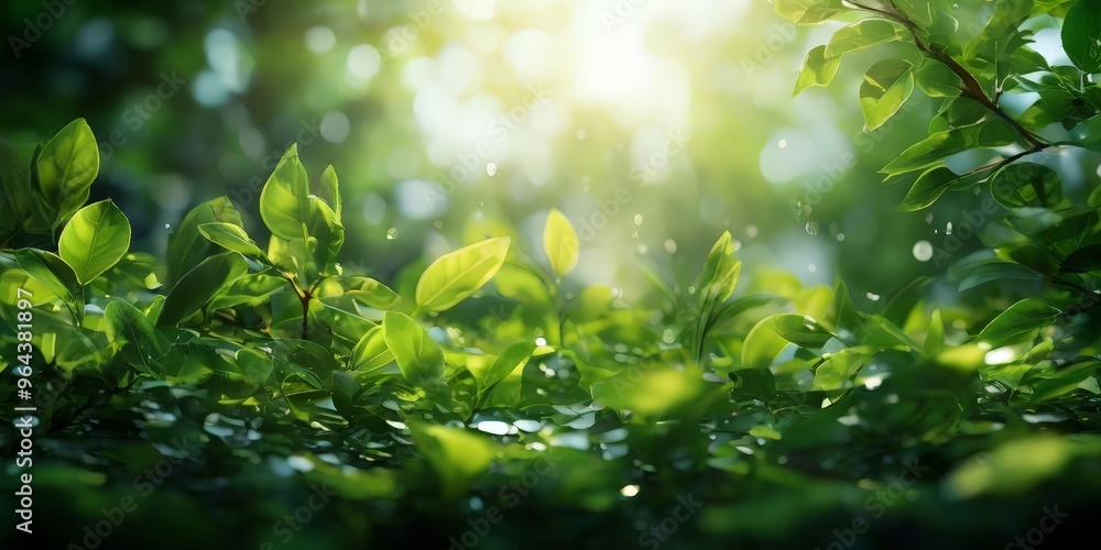 Poster a lush, verdant landscape with sunlight filtering through the leaves of a tree, creating a serene an