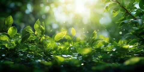 a lush, verdant landscape with sunlight filtering through the leaves of a tree, creating a serene and tranquil atmosphere.