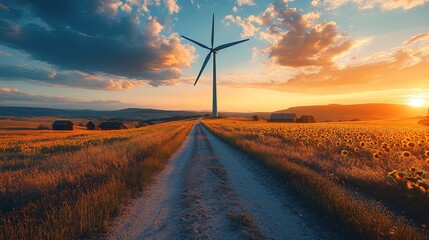 Obraz premium Wind Turbine in Sunflower Field at Sunset