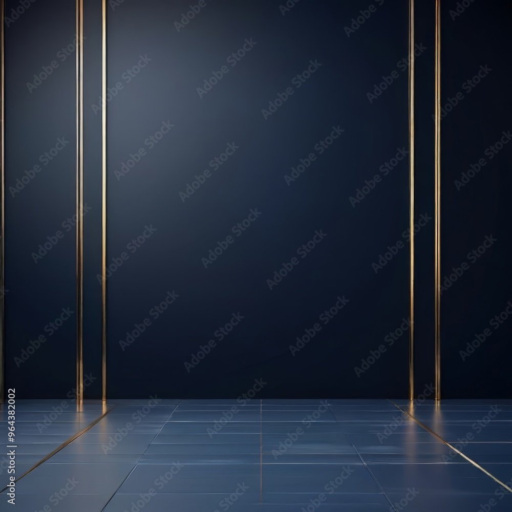 Poster a dark blue wall with gold vertical lines running down the center, creating a sense of depth and per