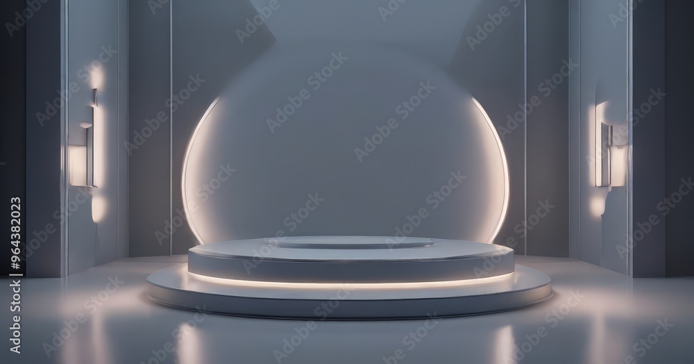 Poster a minimalist, futuristic stage with a large circular platform, flanked by two rectangular lights on 